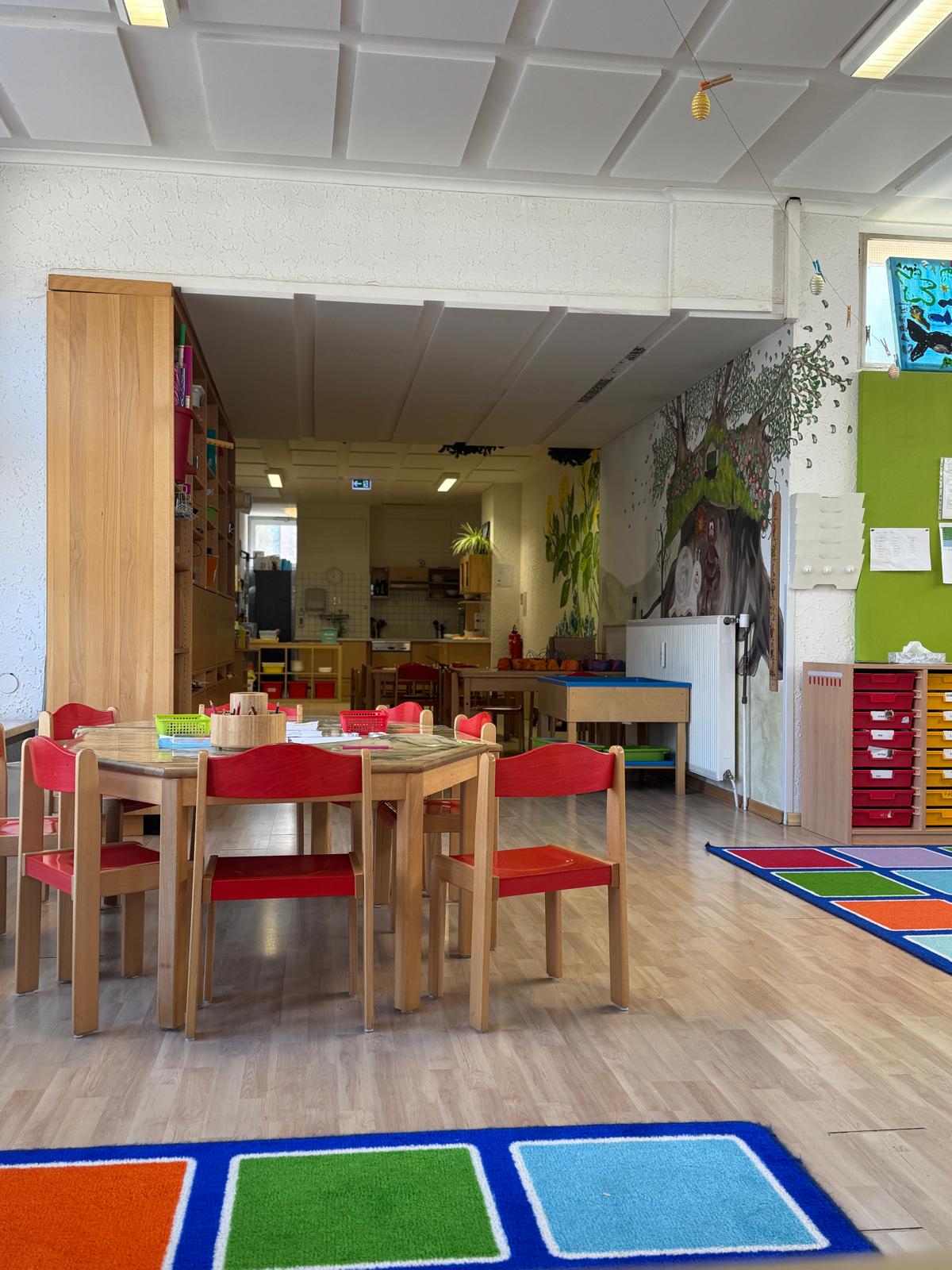Toy storage shelves in the kindergarten room